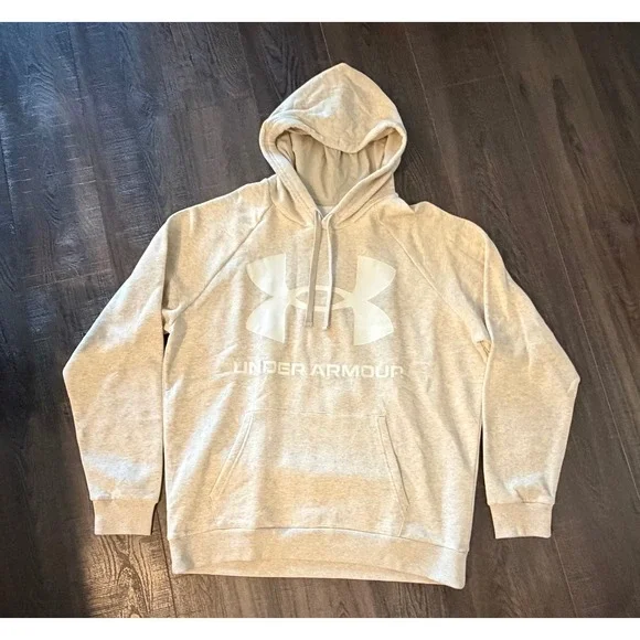 Under Armour Mens Rival Fleece Hoodie XXL Oatmeal Heather Gray Big Logo Pullover - Picture 1 of 3